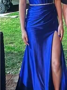 Sherri Hill Royal Blue Satin Prom Dress with High Thigh Slit